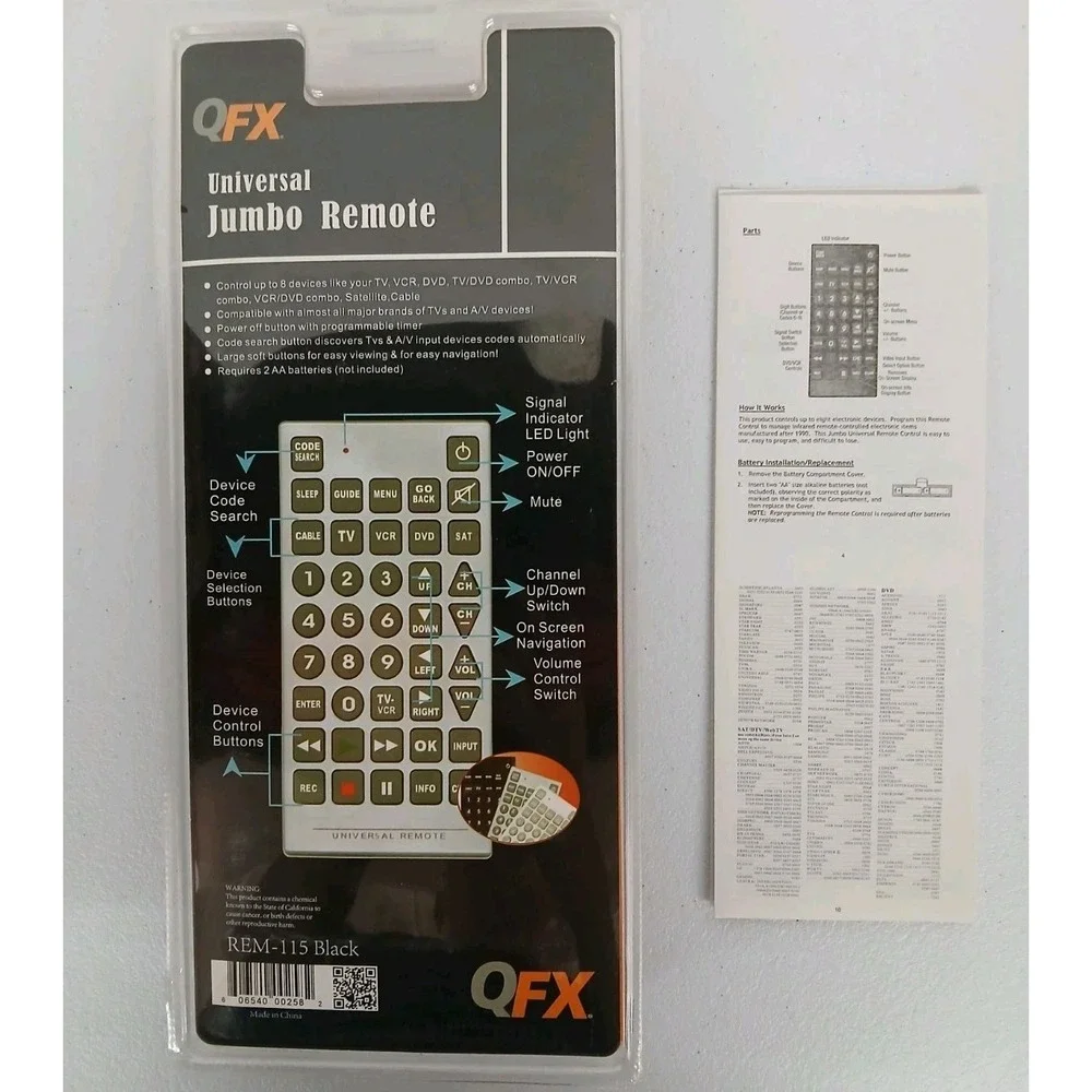 QFX REM-115 Jumbo Universal Remote Control‎ Glow In the Dark New #912